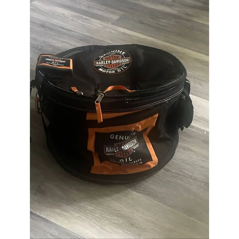 New! Harley Davidson Motor Oil Can Style Collapsible Cooler Round Insulated Bag